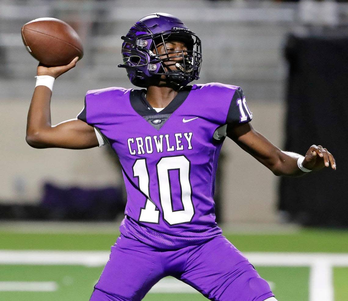 Crowley quarterback Caleb Williams (10) accounted for 314 yards as the Eagles beat Euless Trinity on Friday.