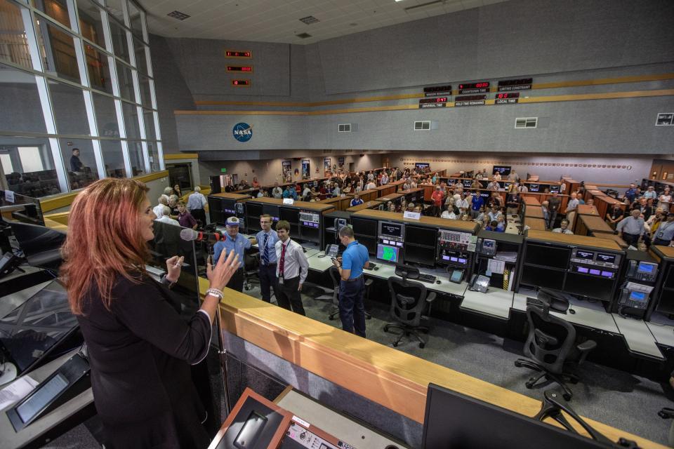 Artemis 1 Launch Director Charlie Blackwell-Thompson addresses Firing Room 1 during the 50th anniversary of the Apollo 11 moon launch at Kennedy Space Center.