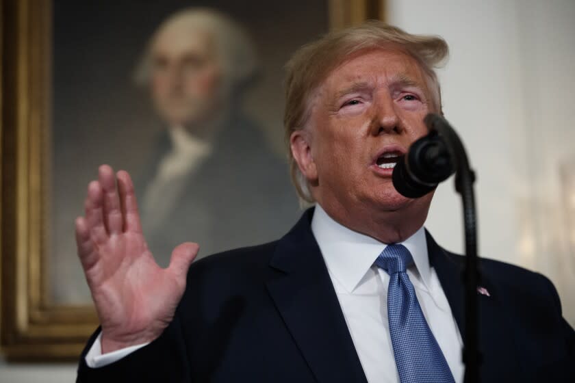 President Donald Trump speaks about the mass shootings in El Paso, Texas and Dayton, Ohio, in the Diplomatic Reception Room of the White House, Monday, Aug. 5, 2019, in Washington. (AP Photo/Evan Vucci)