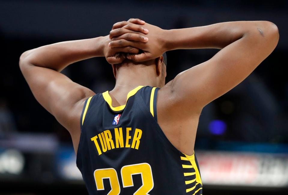 Indiana Pacers center Myles Turner (33) puts his hand behind his head after his team loses a game Wednesday, Dec. 1, 2021 at Gainbridge Fieldhouse in Indianapolis. The Atlanta Hawks defeated the Indiana Pacers 114-111.
