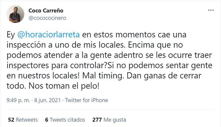 Coco Carreño escribió un tuit en el que expresó su molestia por una inspección que le realizaron a su local gastronómico