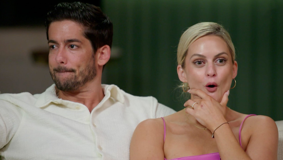 MAFS’ Duncan James and Alyssa Barmonde looking shocked.