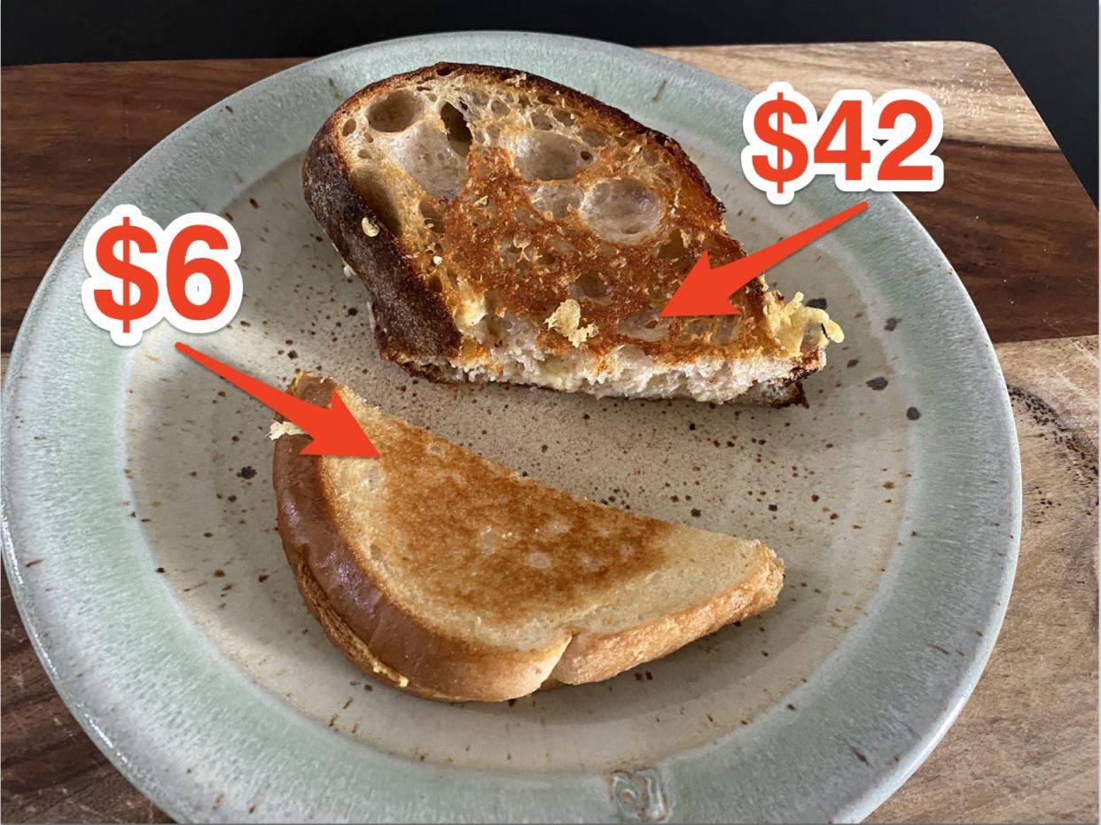 red arrows pointing to two different grilled cheeses labeled $6 and $42