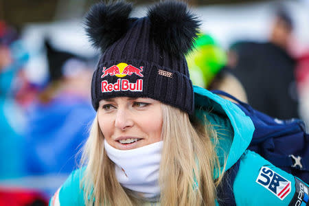 FILE PHOTO - Lindsey Vonn of the United States during interview in the finish area after her run during training for the women's downhill in the 2017 FIS Alpine Skiing World Cup at Lake Louise Ski Resort in Lake Louise, Alberta, November 30, 2017. Sergei Belski-USA TODAY Sports/File Photo