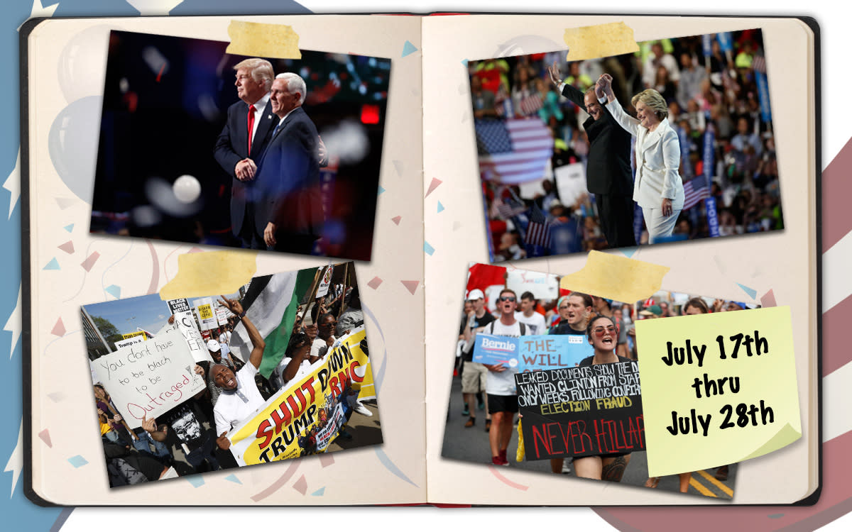 Amid protests and controversy, nominees aAmid protests and controversy, nominees are named and the campaign for president begins. (Photo illustration: Yahoo News; photos, clockwise from top right: Brian Snyder/Reuters, Gary Cameron/Reuters, John Minchillo/AP [2]; background photos: Getty Images [3])re named and the campaign for president begins. (Photo illustration: Yahoo News, photos (clockwise from top right): Brian Snyder/Reuters, Gary Cameron/Reuters, John Minchillo/AP [2], background photos: Getty Images [3])