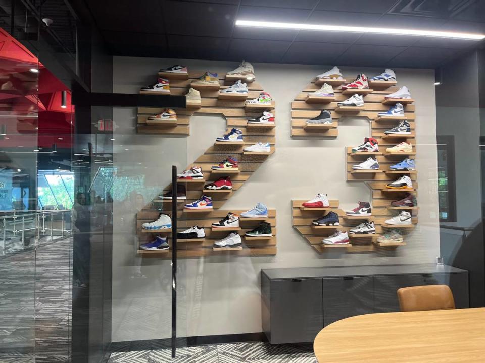 Forty-five Jordan brand sneakers aligned in the shape of a No. 23 inside the new Airspeed facility in Huntersville.