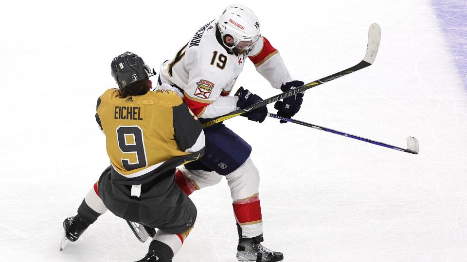 Matthew Tkachuk landed a huge open ice hit on Jack Eichel in Game 2 of the Stanley Cup Final on Monday. (Getty Images)