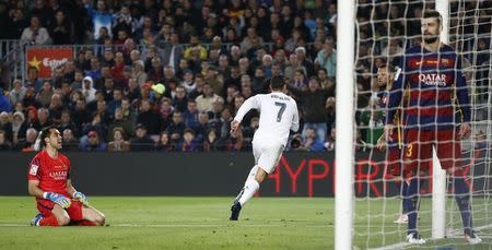 Football Soccer - FC Barcelona v Real Madrid - La Liga - Camp Nou, Barcelona - 2/4/16 Real Madrid's Cristiano Ronaldo celebrates scoring their second goal Reuters / Juan Medina Livepic