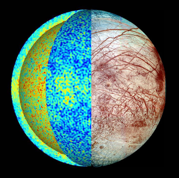 This rendering of Europa shows the temperature field in a simulation of the icy Jupiter moon's global ocean dynamics, where hot plumes (red) rise from the seafloor and cool fluid (blue) sinks down from the ice-ocean border. More heat is deliver