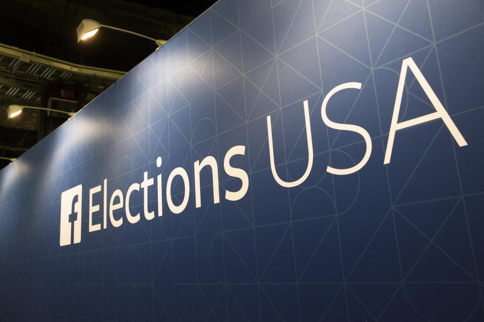 FILE - In this Aug. 6, 2015 file photo, FaceBook Elections signs stand in the media area at Quicken Loans Arena in Cleveland, before the first Republican presidential debate. Consumer advocates and the data-hungry technology industry are drawing early battle lines in 2019 in advance of an expected fight over a national privacy law. Many senators and privacy experts are calling for a broad federal law after Facebook’s Cambridge Analytica scandal last year and continuing data missteps at big tech companies. (AP Photo/John Minchillo, File)