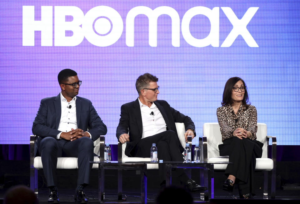 FILE - In this Jan. 15, 2020, file photo, EVP of Content Acquisitions for TNT, TBS, truTV, HBO & HBO MAX Michael Quigley, from left, Chief Content Officer, HBO MAX and President, TNT,TBS, & truTV Kevin Reilly and Head of Original Content , HBO MAX Sarah Aubrey appear at the HBO Max Executive Sessions panel during the HBO TCA 2020 Winter Press Tour at the Langham Huntington in Pasadena, Calif. (Photo by Willy Sanjuan/Invision/AP, File)