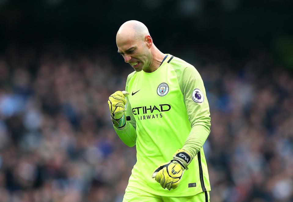 <p>Willy Cabellero of Manchester City celebrates after his side take the lead through Gabriel Jesus (not pictured) during the Premier League match between Manchester City and Swansea City at Etihad Stadium on February 5, 2017 in Manchester, England. </p>