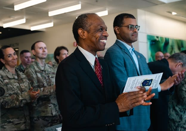 Donnie Tuck, Mayor of Hampton, applauds during the ribbon cutting ceremony for the Langley Veterans Affairs Clinic, at Joint Base Langley-Eustis, Virginia, May 20, 2024. (U.S. Air Force photo by Senior Airman Mikaela Smith)