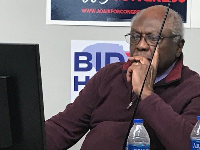 Rep. James Clyburn, a Democrat from South Carolina, conducted television and radio interviews Nov. 3, 2020 from his campaign headquarters in Columbia. He urged voters to cast their ballots before the polls closed that night.