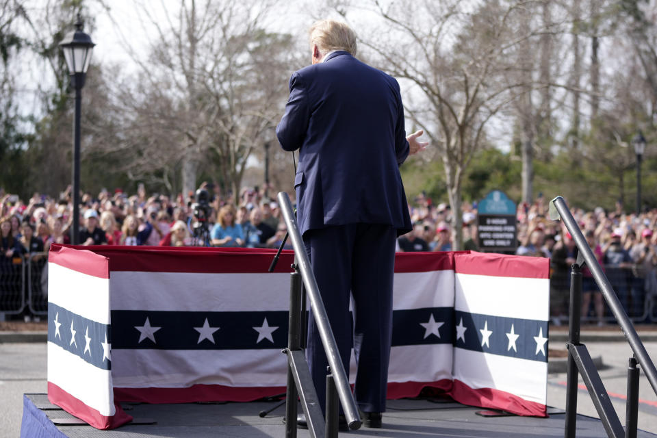 Republican presidential candidate former President Donald Trump speaks at a Get Out The Vote rally at Coastal Carolina University in Conway, S.C., Saturday, Feb. 10, 2024. (AP Photo/Manuel Balce Ceneta)