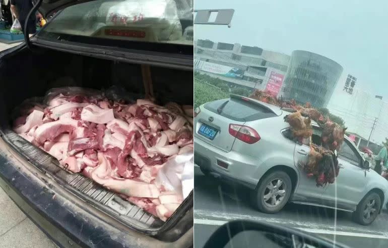 有民眾直接將生豬肉丟進後車廂載走。（圖／翻攝自石言囈語微博）