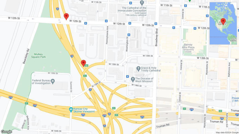 A detailed map that shows the affected road due to 'Interstate 35 temporarily closed in Kansas City' on May 9th at 9:20 p.m.