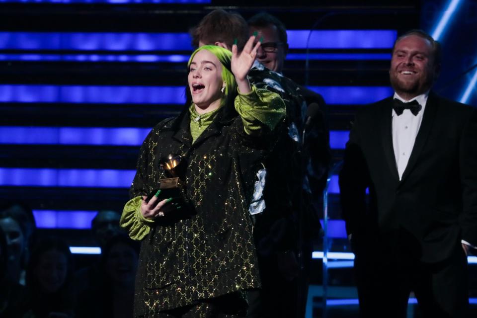 Billie Eilish accepting the Grammy for album of the year in 2020.