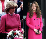 <p>Kate's bright pink coat in 2015 matched the colour and style of the coat Diana wore on a visit to Montague in 1983. [Photo: PA/ Getty] </p>