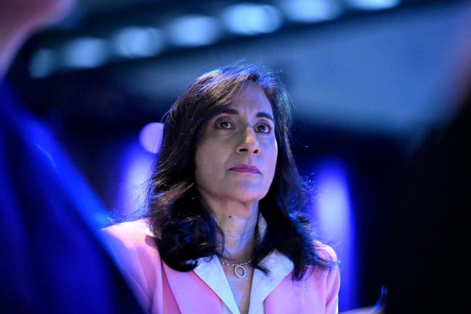 Defence Minister Anita Anand looks on after making a keynote address at the CANSEC trade show, billed as North America’s largest multi-service defence event, in Ottawa, on Wednesday, May 31, 2023. THE CANADIAN PRESS/Justin Tang