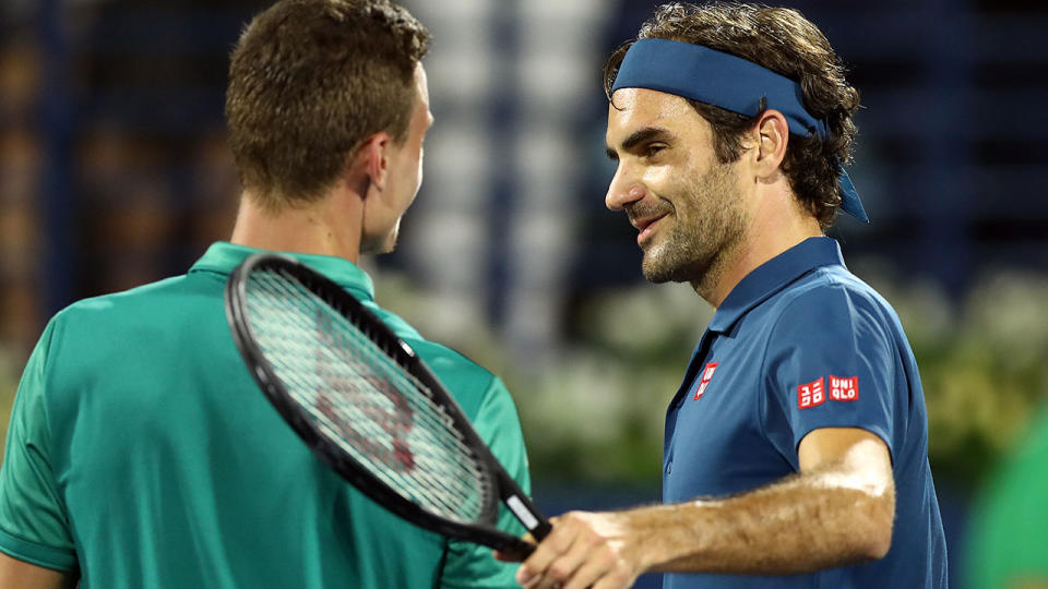 Roger Federer celebrates victory over Marton Fucsovics. (Photo by Amin Mohammad Jamali/Getty Images)