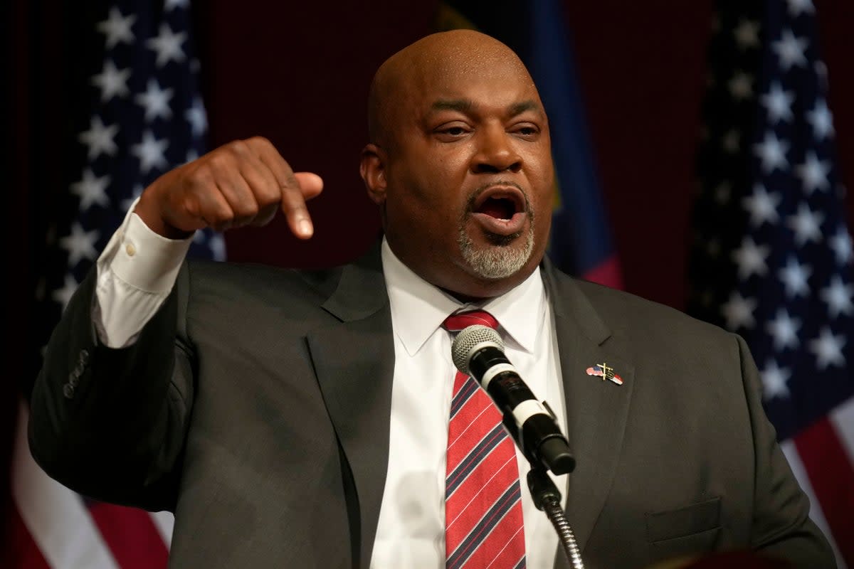 North Carolina Lt. Gov. Mark Robinson speaks at an election night event in Greensboro, N.C., Tuesday, March 5, 2024 (AP)