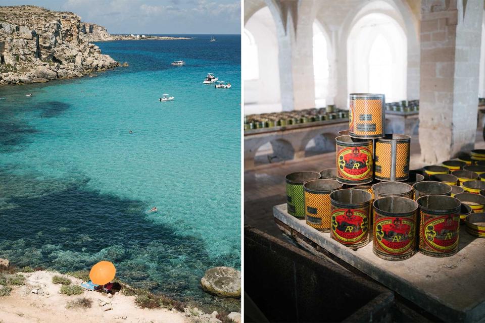 Two photos from the island of Favignana, including turquoise water at a beach cove, and old tuna cans in a former packing plant