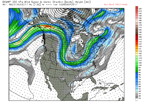 Computer model projection showing the jet stream across the U.S. on Tuesday, Sept. 5, 2017.