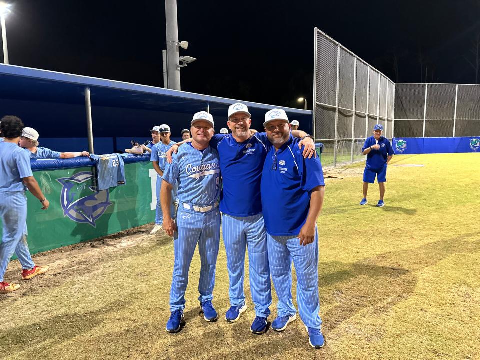 Canterbury baseball coaches Derek Carlson (left), Frank Turco (center), and Pete Saez (right) pose for a picture following Canterbury's 9-4 win over Bonita Springs on April 11th, 2024. It marked Turco's 500th win as a head coach.