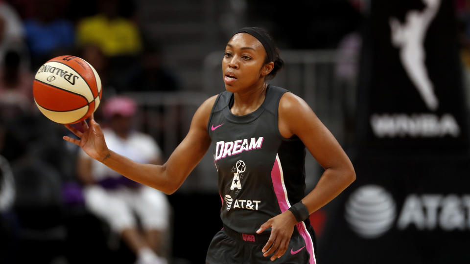 Atlanta Dream guard Renee Montgomery (21) cases the ball in the first half of a WNBA basketball game against the Chicago Sky Tuesday, Aug. 20, 2019, in Atlanta. (AP Photo/John Bazemore)