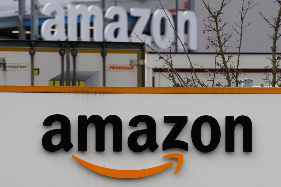 The logo of Amazon is seen at the company logistics center in Lauwin-Planque, northern France, January 5, 2023. REUTERS/Pascal Rossignol