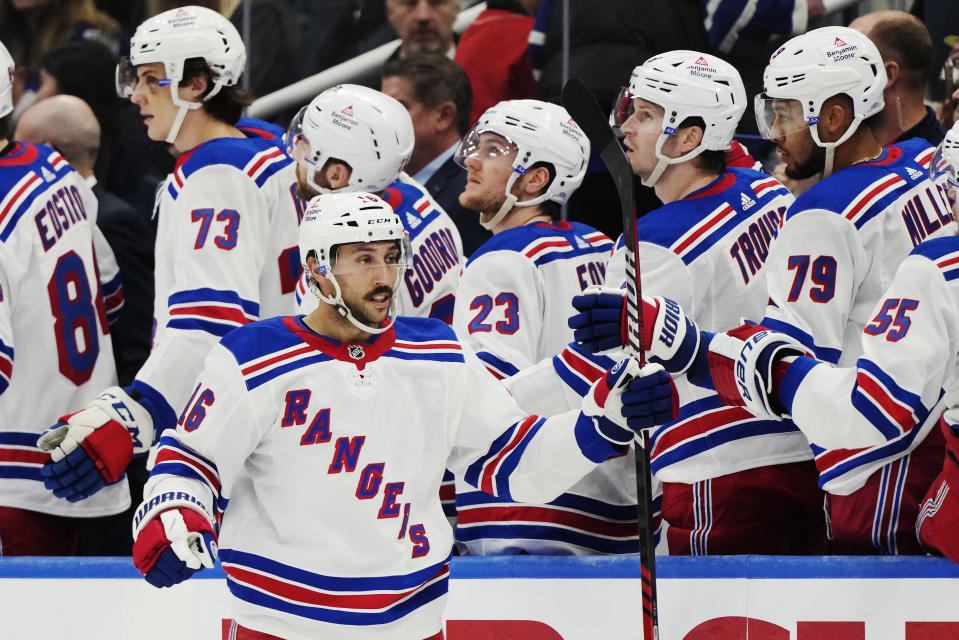 New York Rangers' Vincent Trocheck (16) celebrates his goal against the Toronto Maple Leafs during the second period of an NHL hockey game in Toronto on Saturday, March 2, 2024. (Frank Gunn/The Canadian Press via AP)