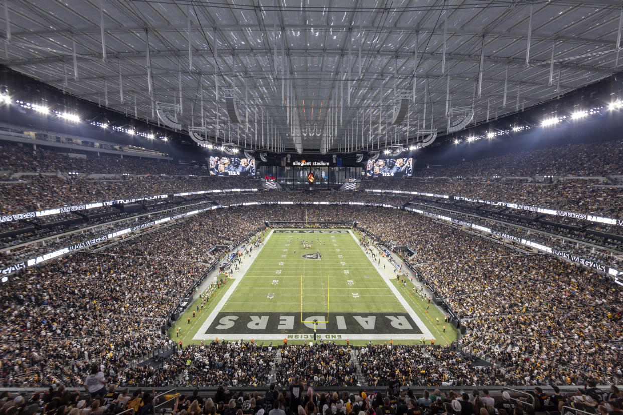 General view of Allegiant Stadium as the Las Vegas Raiders play against the Pittsburgh Steelers in an NFL football game, Sunday, Sept. 24, 2023, in Las Vegas, NV. (AP Photo/Jeff Lewis)