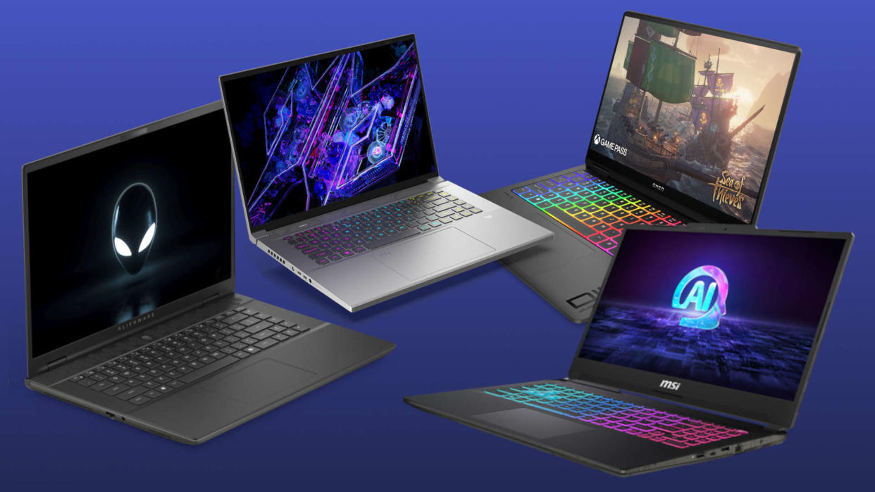  A collage of gaming laptops from Acer, Alienware, HP, and MSI. 