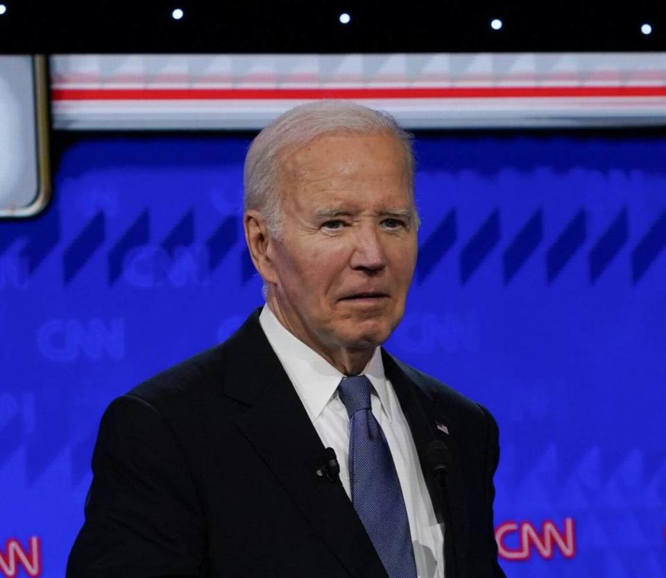 President Joe Biden during the debate at CNN’s studios in Atlanta. CNN Anchors Jake Tapper and Dana Bash are moderators of the debate.