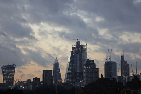 The sun sets behind the Canary Wharf financial district of London, Britain, December 7, 2018. REUTERS/Simon Dawson