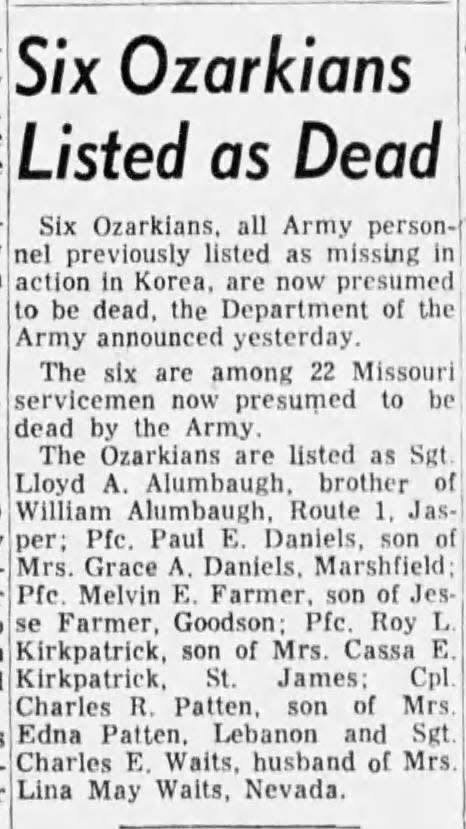 An article from Jan. 7, 1954 lists Cpl. Charles R. Patten among those presumed dead in the Korean War.