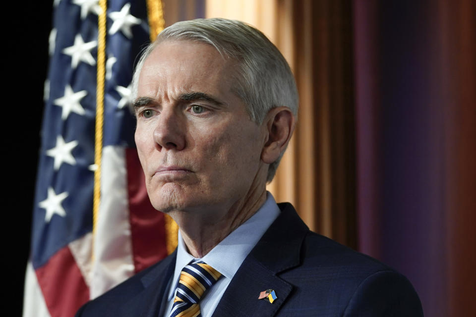 FILE - Sen. Rob Portman, R-Ohio, listens during a news conference about the border, Wednesday, Dec. 21, 2022, on Capitol Hill in Washington. Republican Matt Dolan has landed the endorsement of Portman, Friday, March 8, 2024, in the fractious three-way primary to take on Democratic U.S. Sen. Sherrod Brown this fall, a potentially important boost in the final run-up to the contest. (AP Photo/Mariam Zuhaib, File)