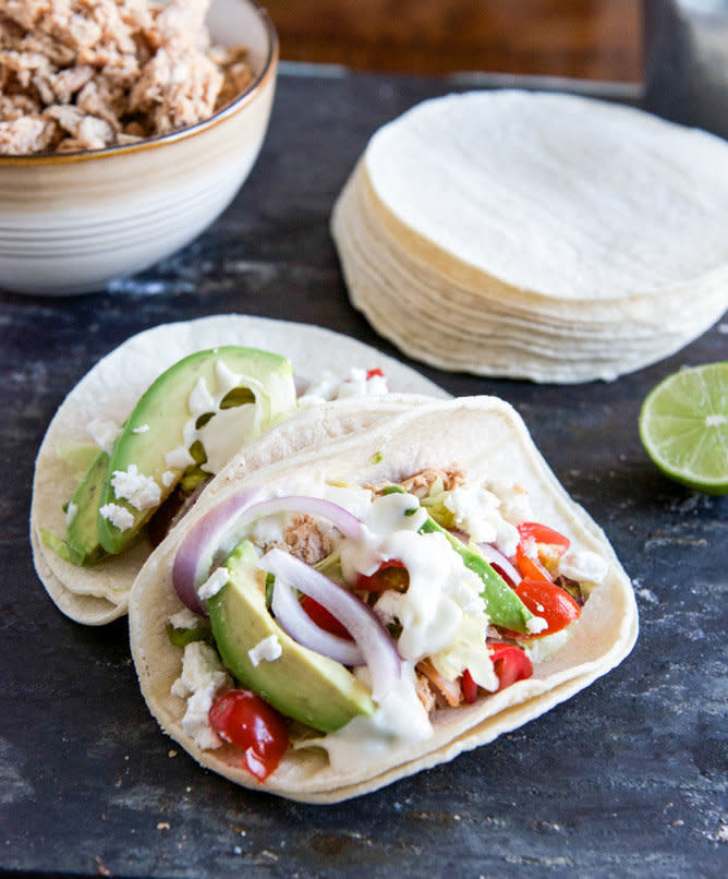 <strong>Get the recipe for <a href="http://www.howsweeteats.com/2013/03/smokey-roasted-chicken-tacos-with-spicy-goat-cheese-queso/" target="_blank" rel="noopener noreferrer">smoky roasted chicken tacos with spicy goat cheese queso</a> by How Sweet Eats.</strong>