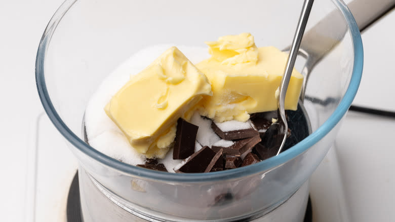 chocolate, sugar and butter in bain marie