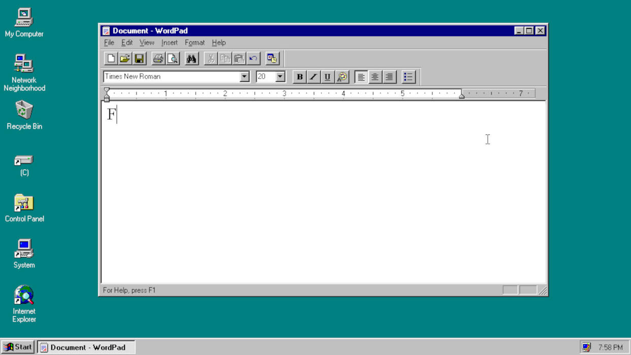  A screenshot of Windows 95, with WordPad running on the desktop. 