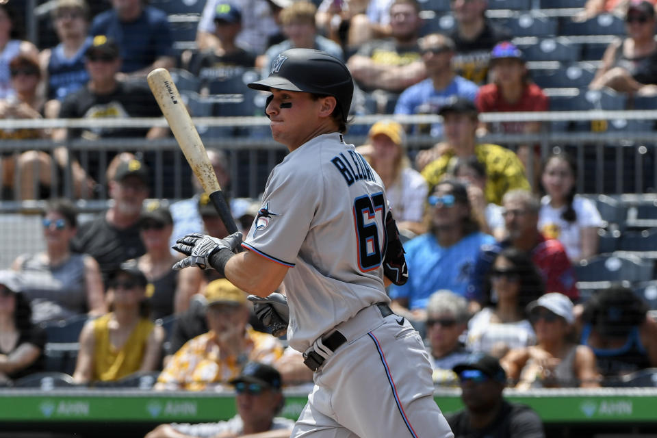 Miami Marlins' J,J. Bleday watches his first major league hit in the second inning of a baseball game against the Pittsburgh Pirates, Sunday, July 24, in Pittsburgh. (AP Photo/Barry Reeger)