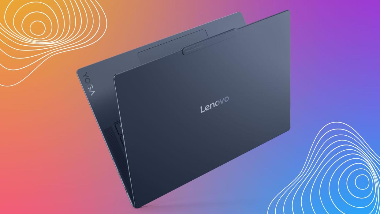  The Lenovo Yoga Slim 7x Copilot+ PC against a colorful blue and orange background. 