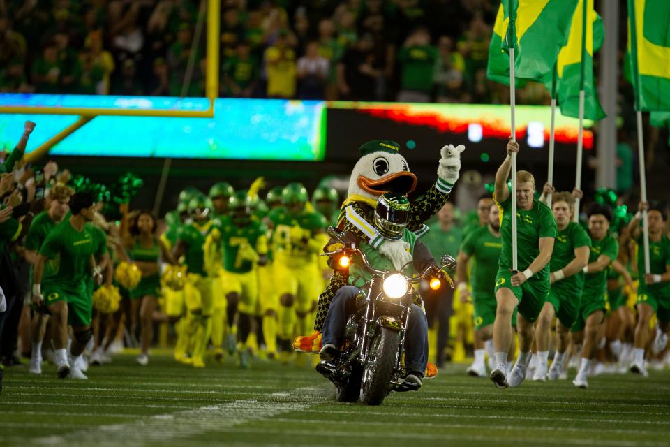 The Oregon Duck rides onto the field as Oregon takes on Stanford Saturday, Oct. 1, 2022, at Autzen Stadium in Eugene, Ore.