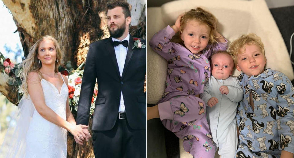 Kate Grainger on wedding day with husband Joel (left) three children laying on bed (right)