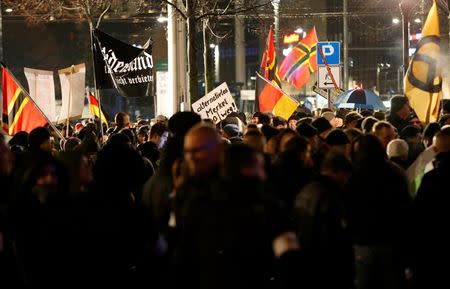 Members of LEGIDA, the Leipzig arm of the anti-Islam movement Patriotic Europeans Against the Islamisation of the West (PEGIDA), take part in a rally in Leipzig, Germany January 11, 2016. REUTERS/Fabrizio Bensch