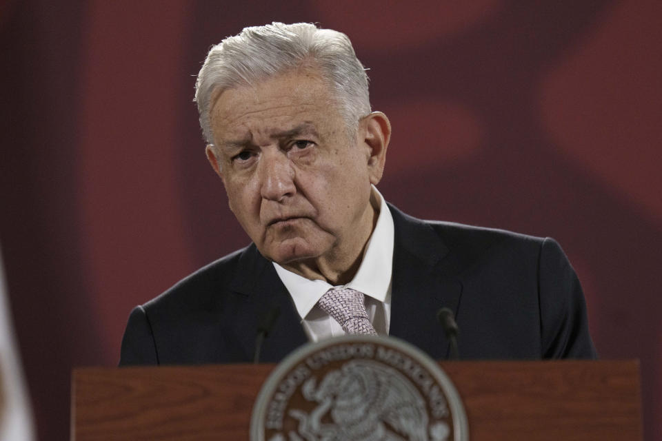 Mexican President Andres Manuel Lopez Obrador listens to a journalist's question during his daily press conference at the National Palace in Mexico City, Friday, July 8, 2022. (AP Photo/Moises Castillo)