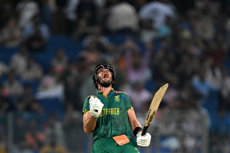 Record breaker: South Africa's Aiden Markram celebrates after scoring his century (Sajjad HUSSAIN)