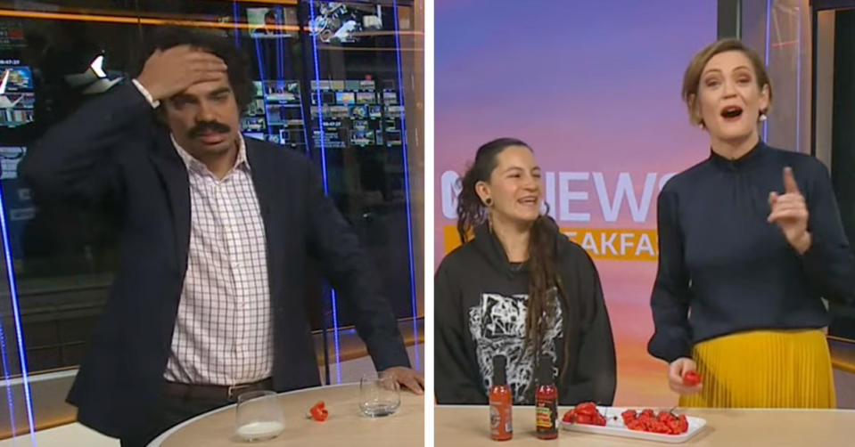 L: Tony Armstrong with his hand on his head during ABC News Breakfast. R: Madeleine Morris and Gabby Del Castillo with a plate of chillies.
