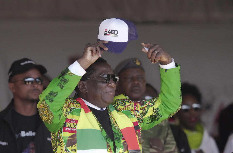 Zimbabwe's President Emmerson Mnangagwa at a campaign rally in Harare, Aug. 9, 2023. 80-year-old Mnangagwa is now seeking re-election for a second term as president in a vote this week that could see the ruling ZANU-PF party extend a 43-year hold on power. (AP Photo/Tsvangirayi Mukwazhi)